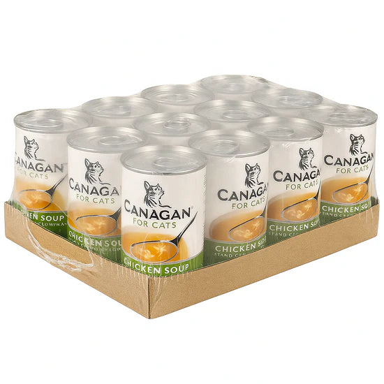 Canagan Chicken Soup for Cats 12 x 140g multipack case, showing the full tray of cans.