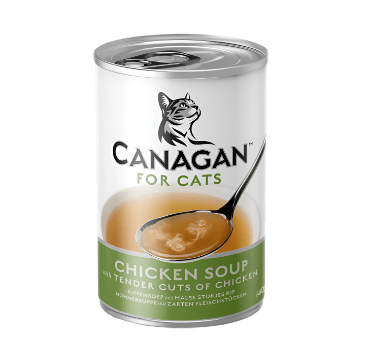 Canagan Chicken Soup for Cats 140g can, featuring a label illustration of tender chicken cuts in rich broth on a serving spoon.