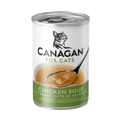 Canagan Chicken Soup for Cats 140g can, featuring a label illustration of tender chicken cuts in rich broth on a serving spoon.