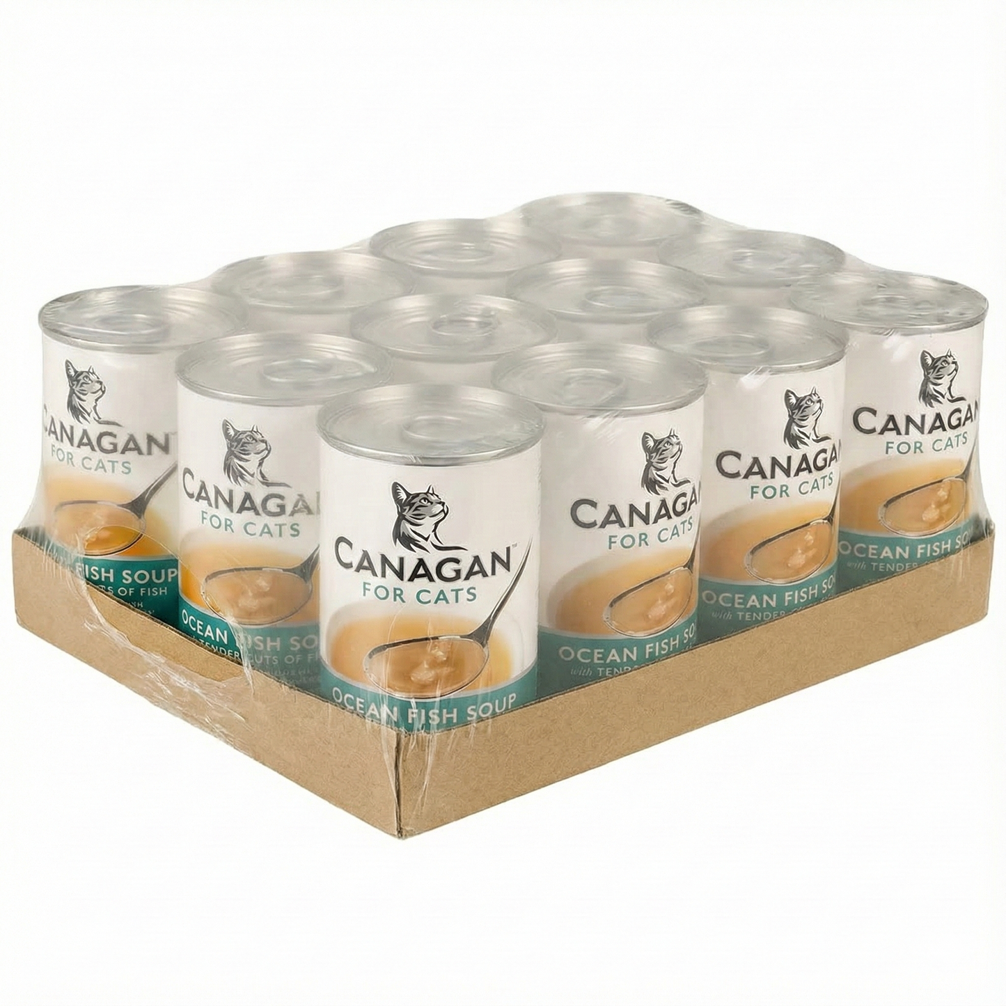 Canagan Ocean Fish Soup for Cats 12 x 140g multipack case, showing the full tray of cans.