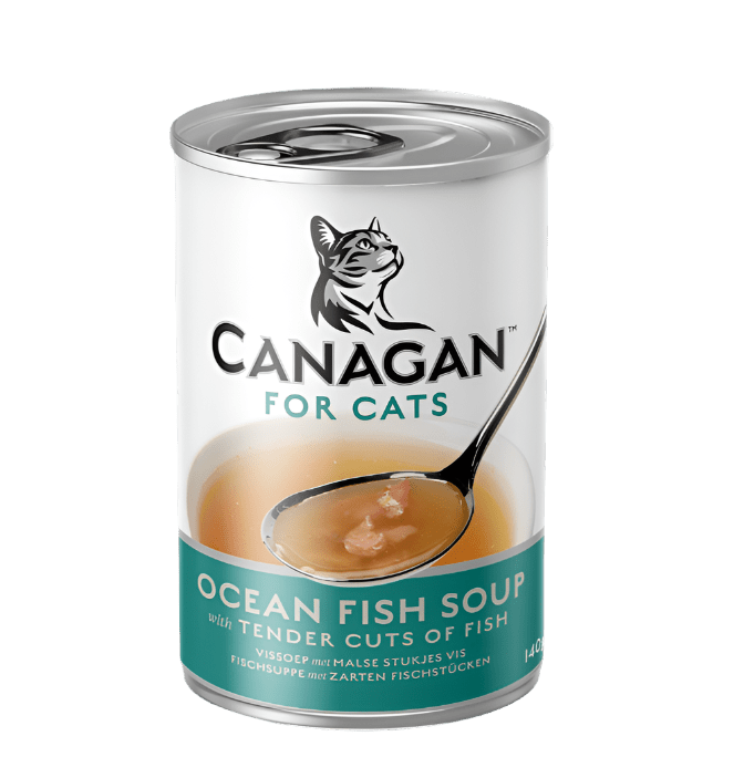 Canagan Ocean Fish Soup for Cats 140g can, featuring an illustration of tender fish cuts in a rich seafood broth on a serving spoon.