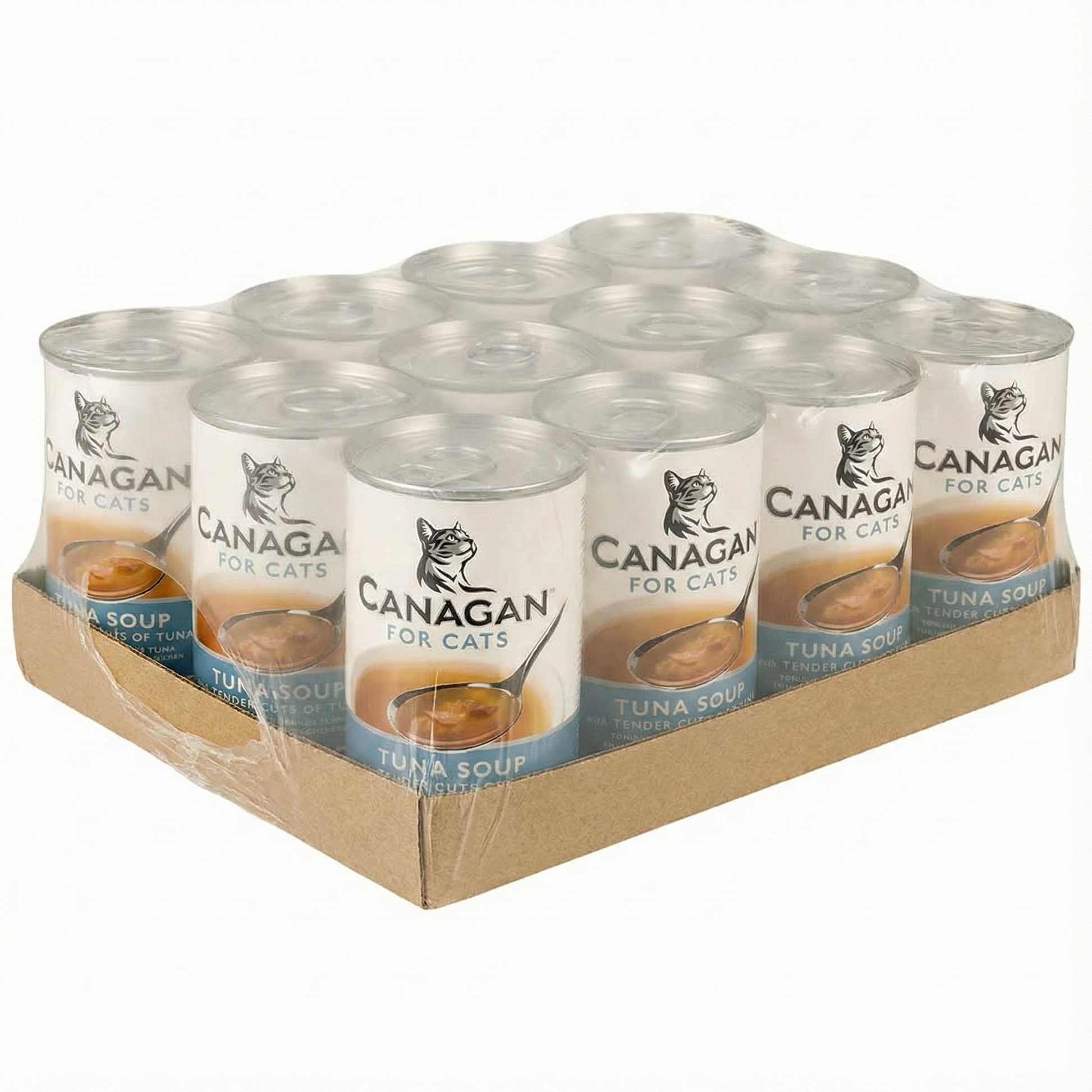 Canagan Tuna Soup for Cats 12 x 140g multipack case, showing the full tray of cans.