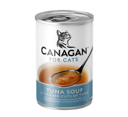 Canagan Tuna Soup for Cats 140g can, featuring an illustration of tender fish cuts in a rich seafood broth on a serving spoon.