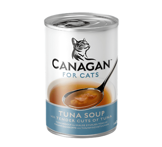 Canagan Tuna Soup for Cats 140g can, featuring an illustration of tender fish cuts in a rich seafood broth on a serving spoon.