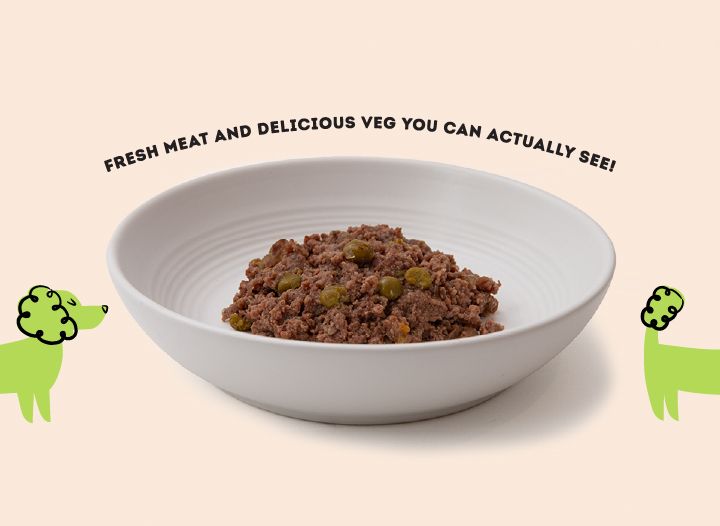Bowl of Dinky Dog Chicken & Lamb 85g wet dog food showing visible peas and carrots, highlighting fresh ingredients for small breed dogs.