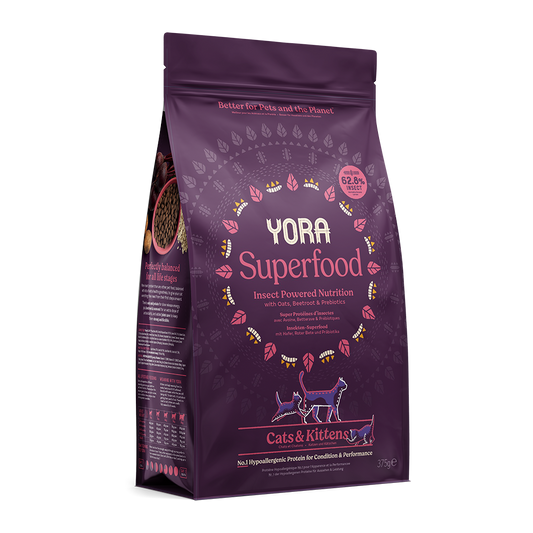 Yora Superfood Insect Powered Nutrition with Oats, Beetroot and Prebiotics for Cats and Kittens. Consisting of 62.8% insect protein.