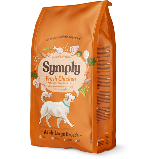 A bag of Symply Large Breed Adult Dog Food featuring an image of a white dog on the front, with text highlighting the fresh chicken flavour and the brand name.
